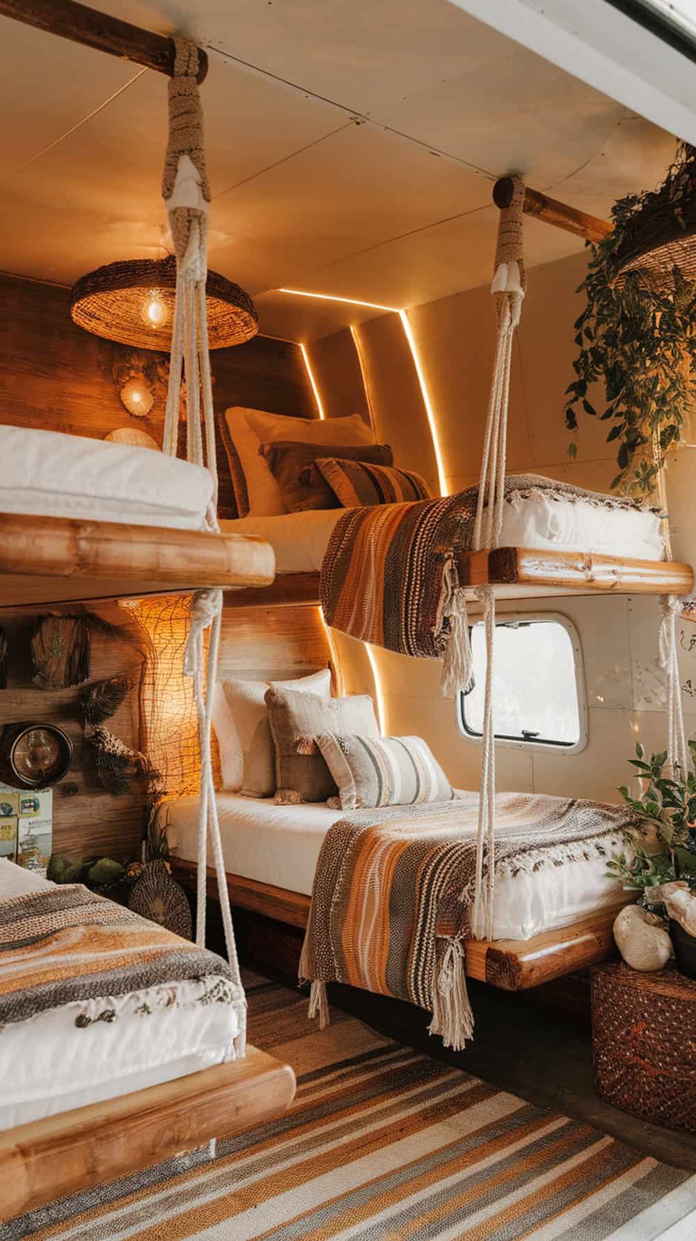 Stylish hanging bunk beds with rope in a cozy camper interior.