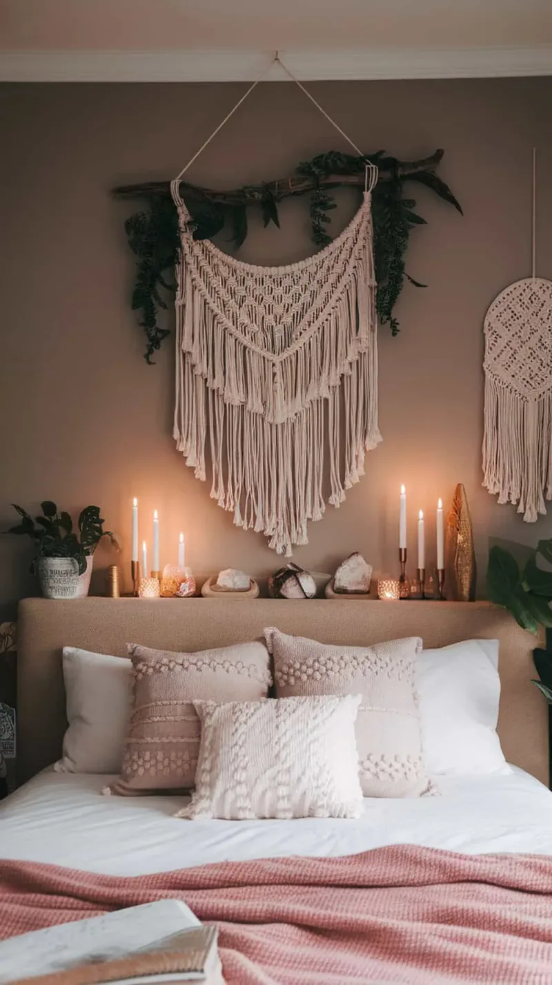 A cozy bedroom with a macrame hanging above the headboard, candles, and soft pillows.