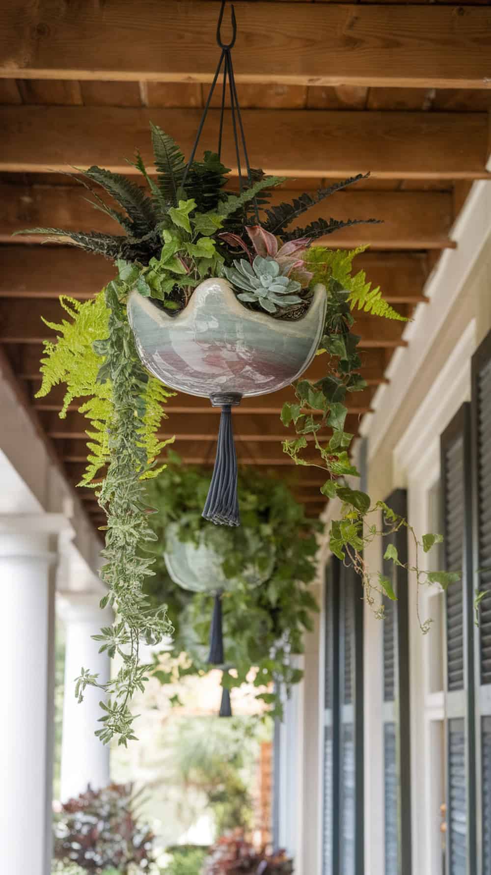 Hanging planters with various plants on a narrow front porch