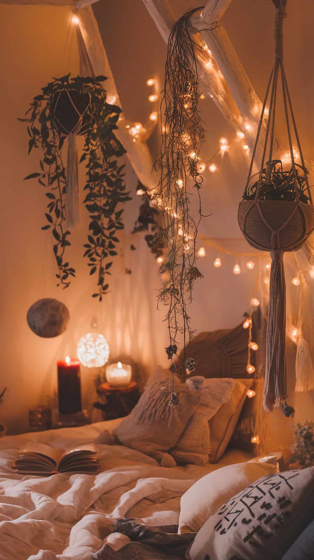 A cozy bedroom with hanging plants and string lights creating a warm atmosphere.