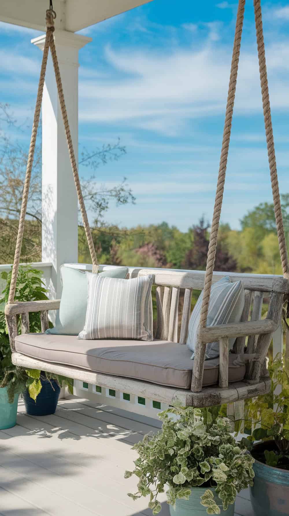 A hanging porch bench with thick rope ties, surrounded by potted plants and a clear blue sky.