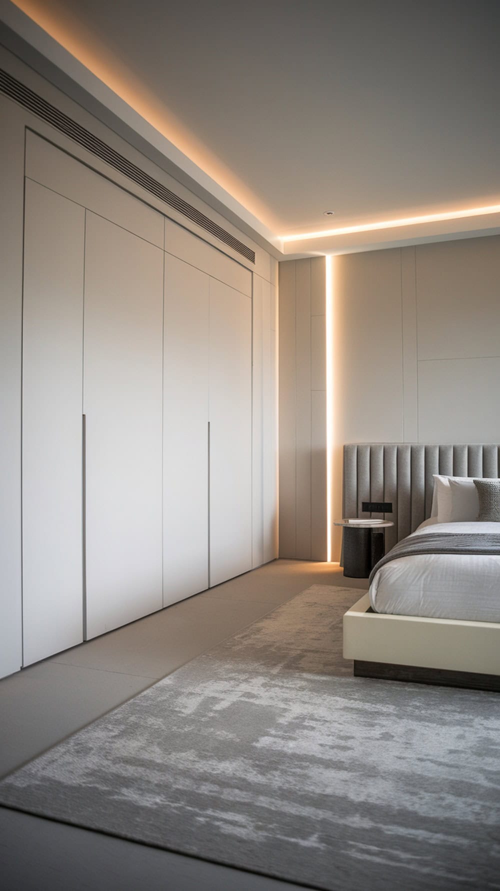 A modern bedroom with hidden closet doors and soft lighting.