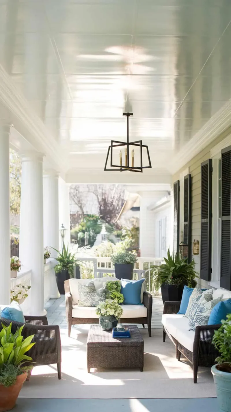A bright and inviting porch with a high-gloss painted ceiling, showcasing a cozy seating area.