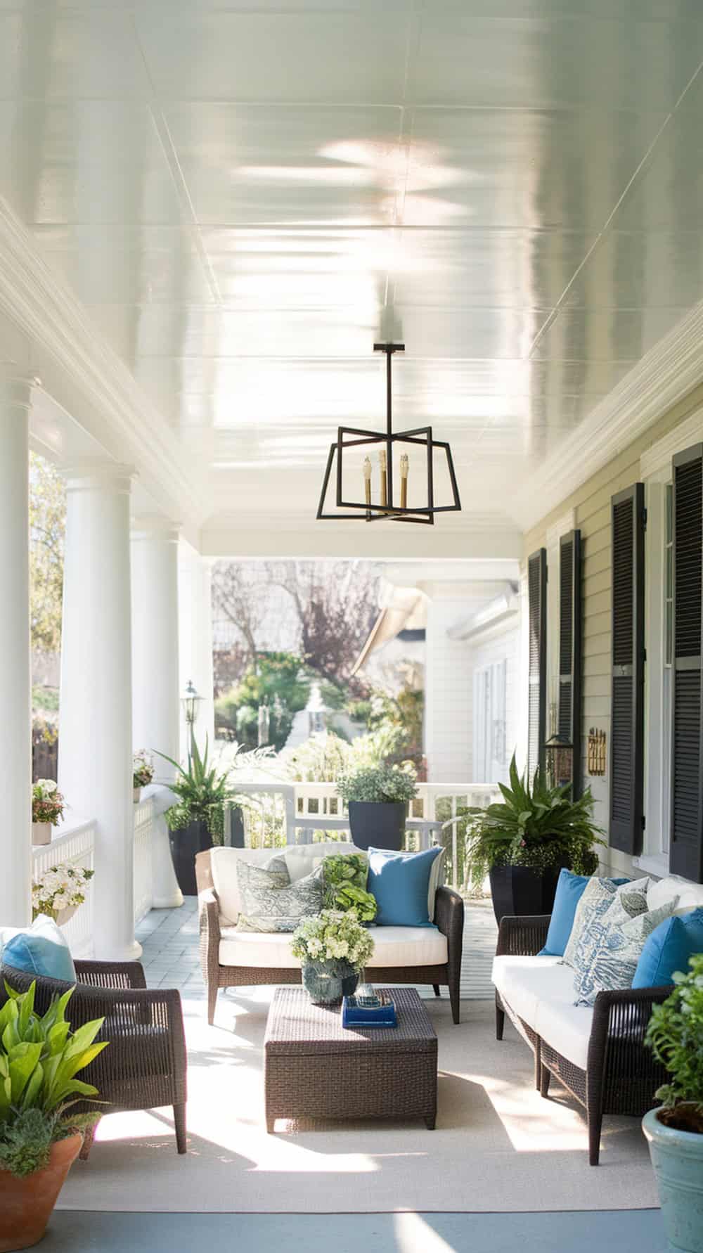 A bright and inviting porch with a high-gloss painted ceiling, showcasing a cozy seating area.