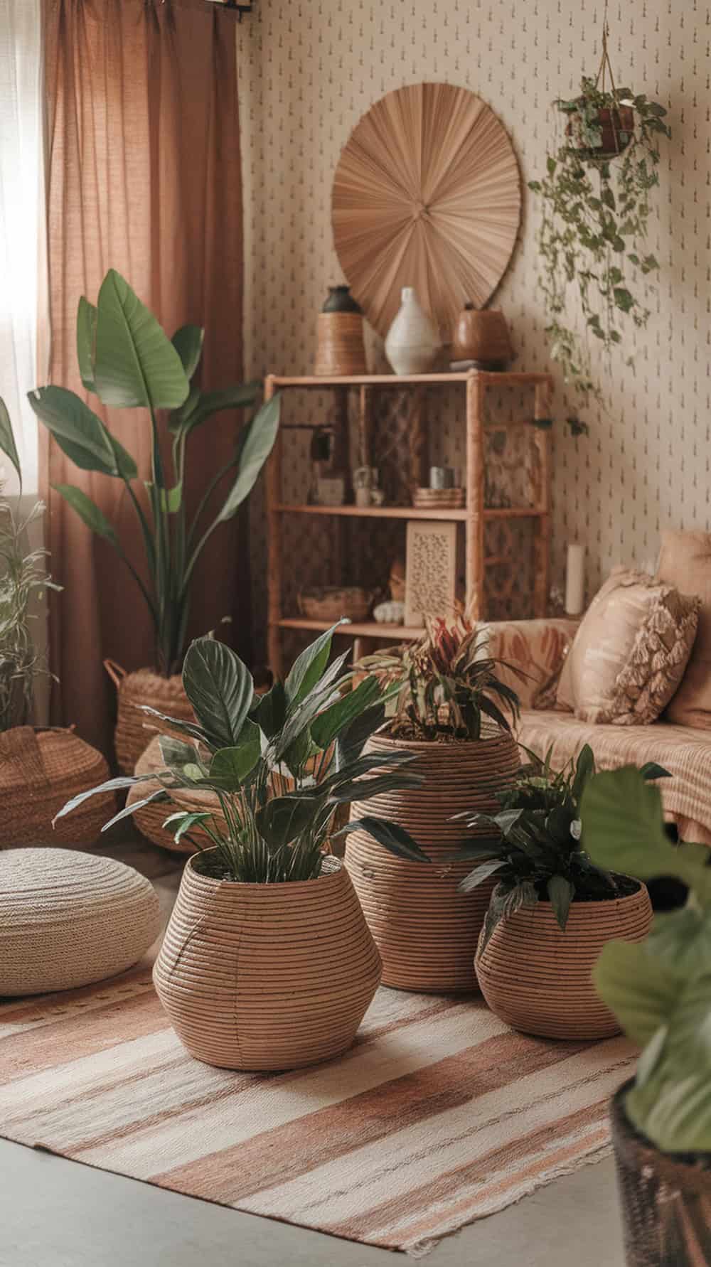 A cozy living room with indoor plants in wicker baskets, showcasing earthy tones and a warm atmosphere.