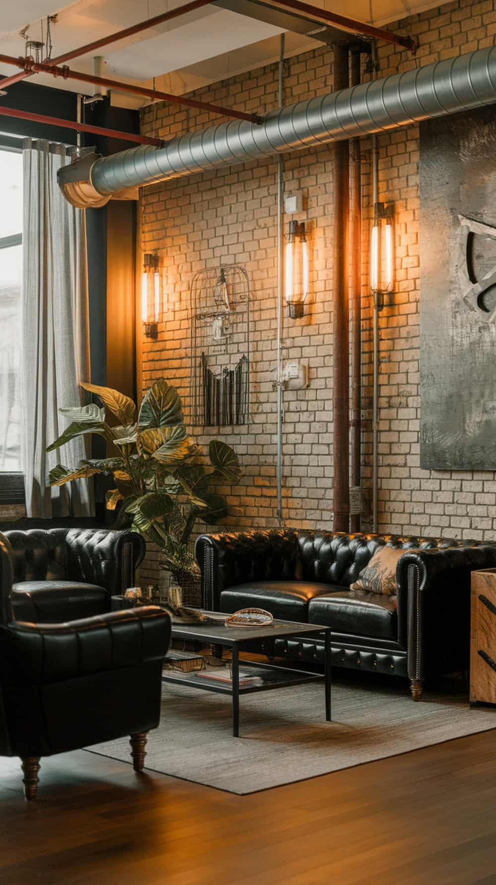 A stylish industrial living room featuring black leather furniture, exposed brick walls, and warm lighting.
