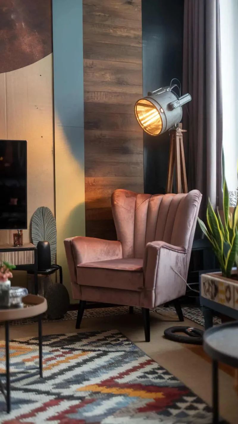A velvet armchair next to an industrial lamp in a modern living room setting.