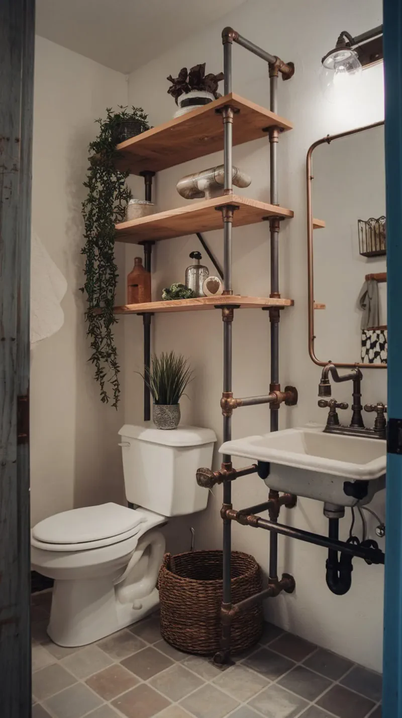 A rustic bathroom with industrial pipe racks and wooden shelves.