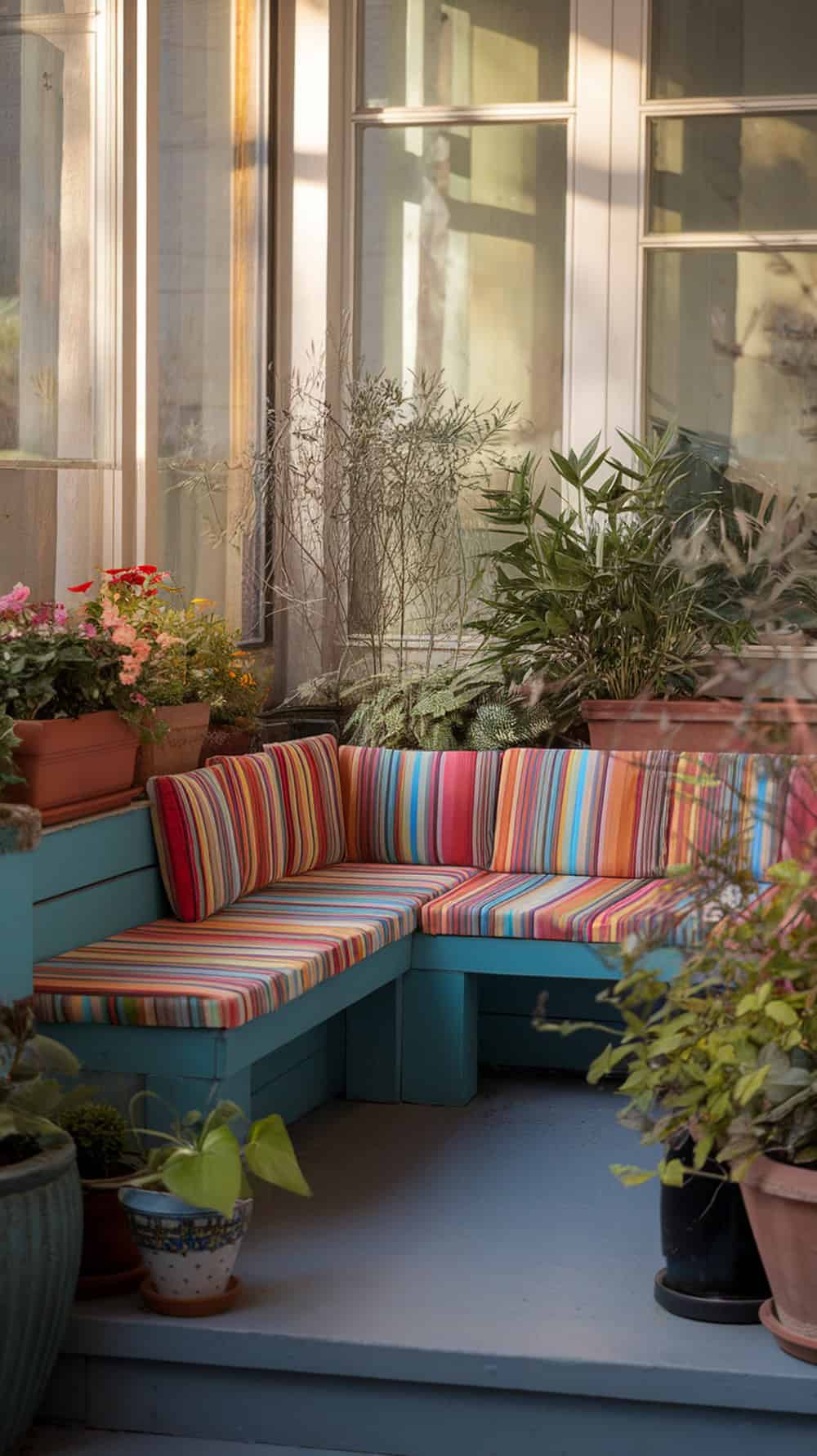 L-shaped corner bench with colorful striped cushions surrounded by plants on a small porch.