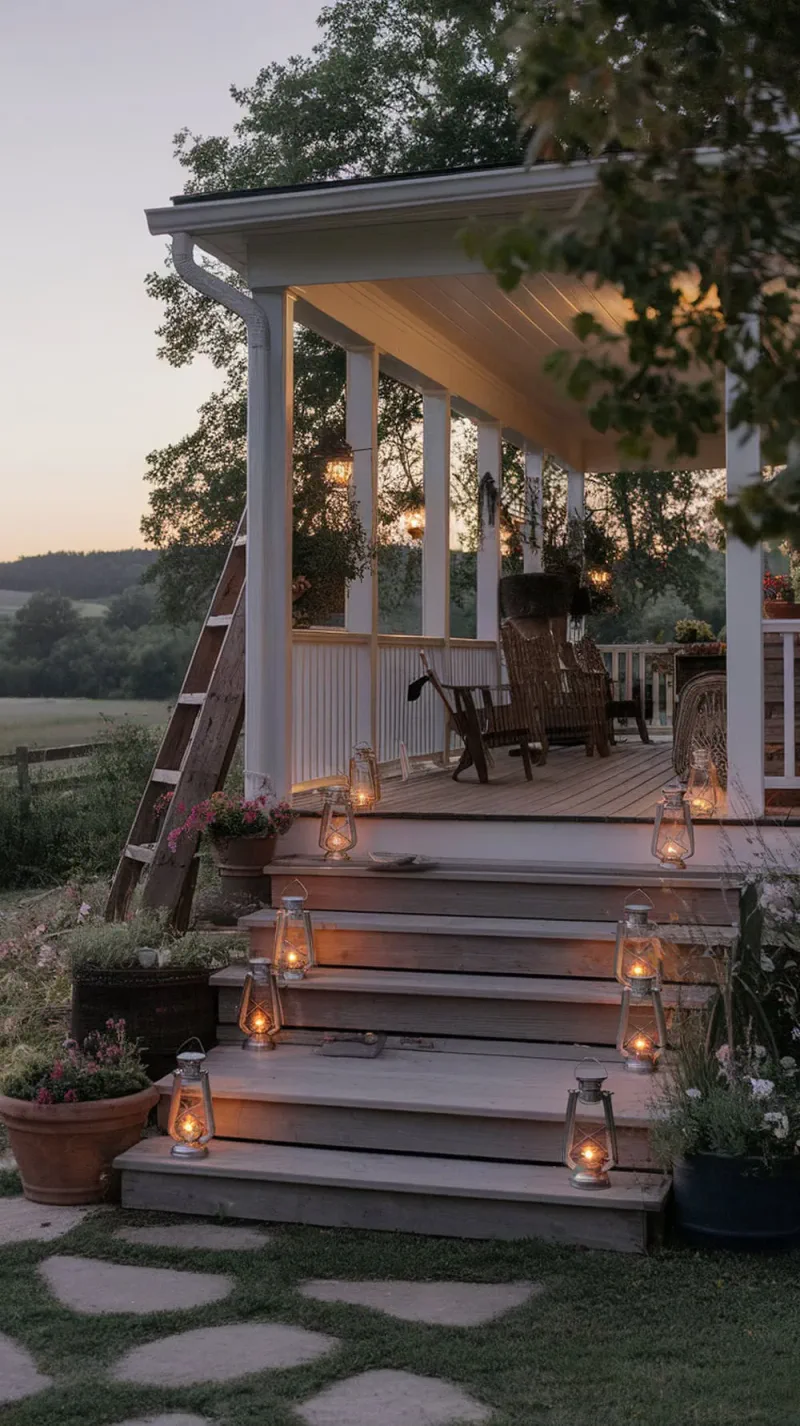 A farmhouse porch with lanterns lining the steps, creating a warm and inviting atmosphere.
