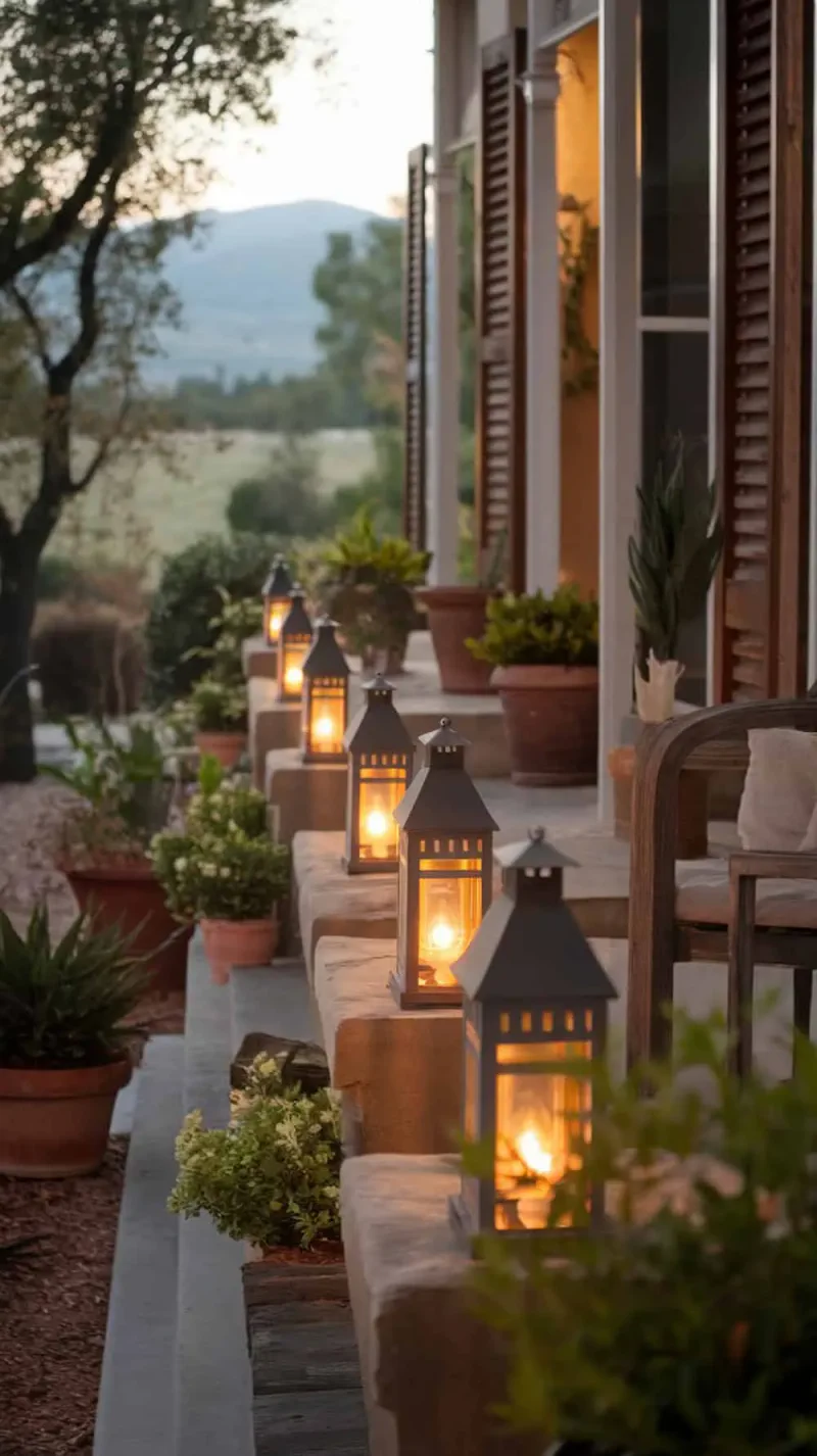 A narrow front porch with lined lanterns providing warm lighting.