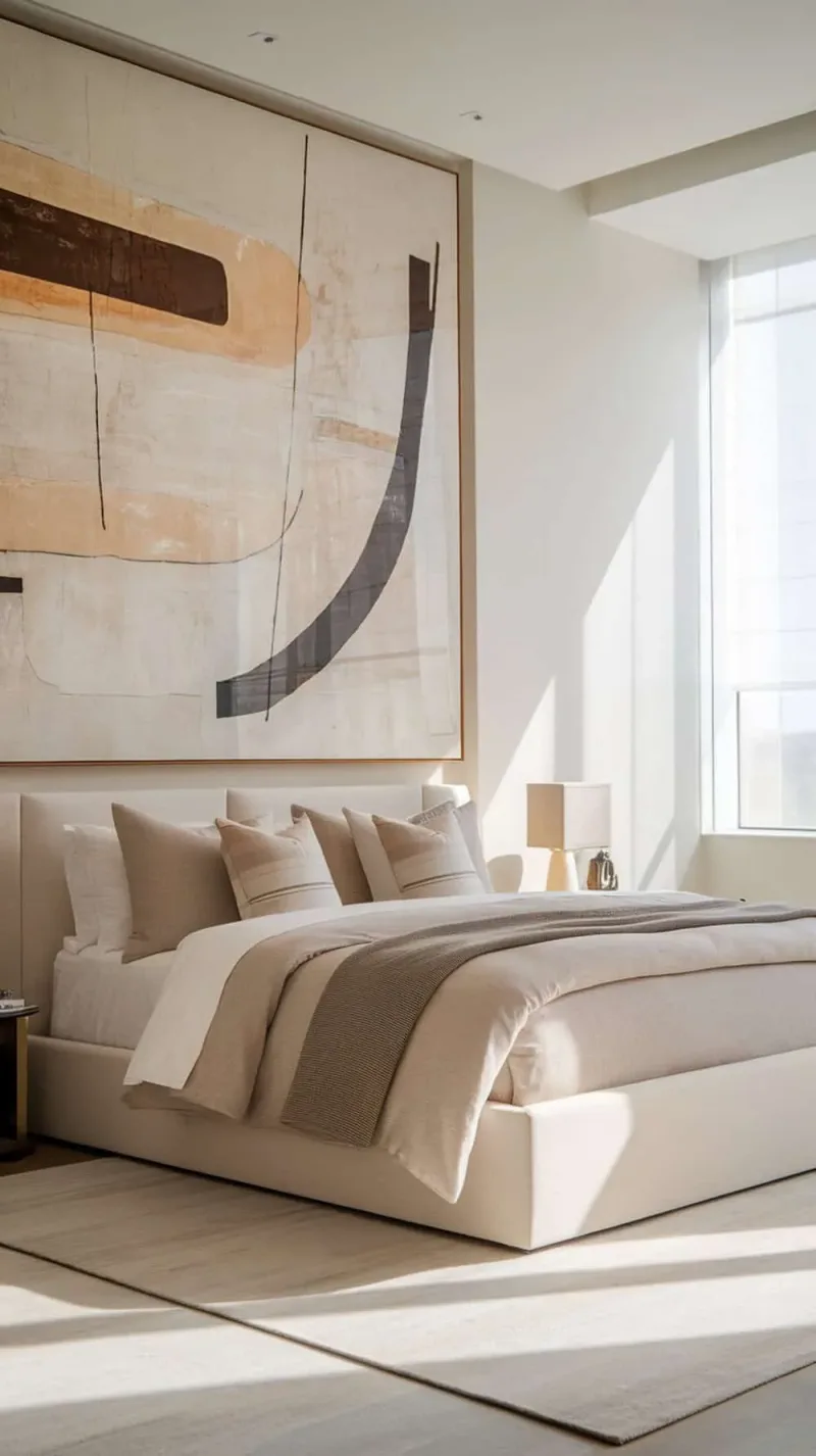 A modern bedroom featuring large abstract art above the bed, with neutral tones and soft lighting.