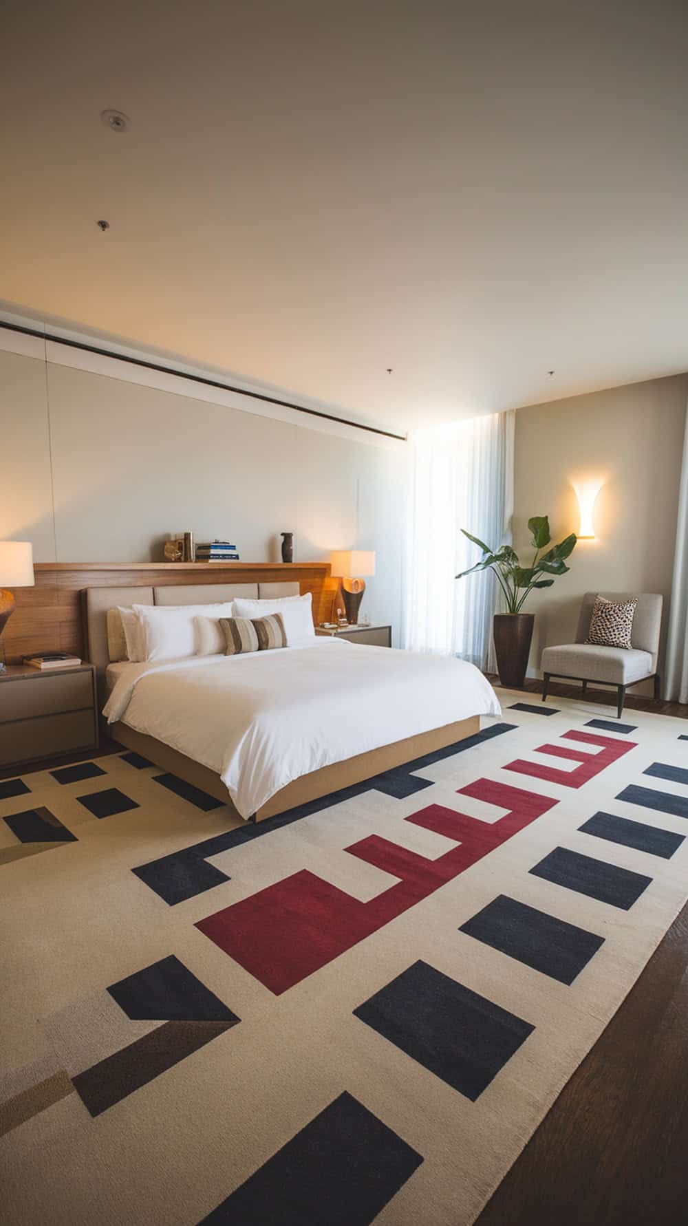 A modern bedroom featuring a large area rug with geometric patterns in red, black, and beige.