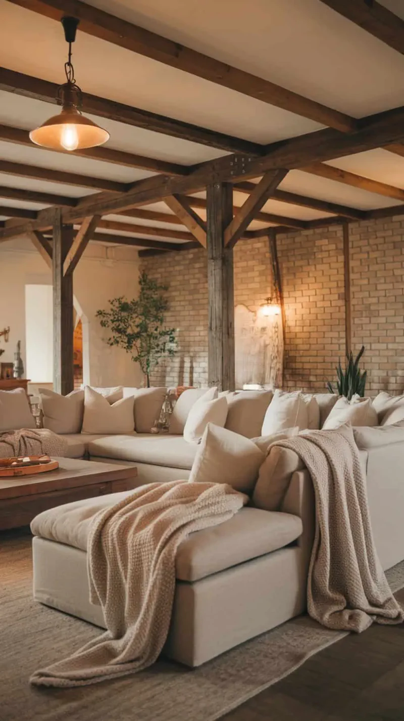 A cozy living room featuring a large neutral sectional sofa with throw blankets and pillows.