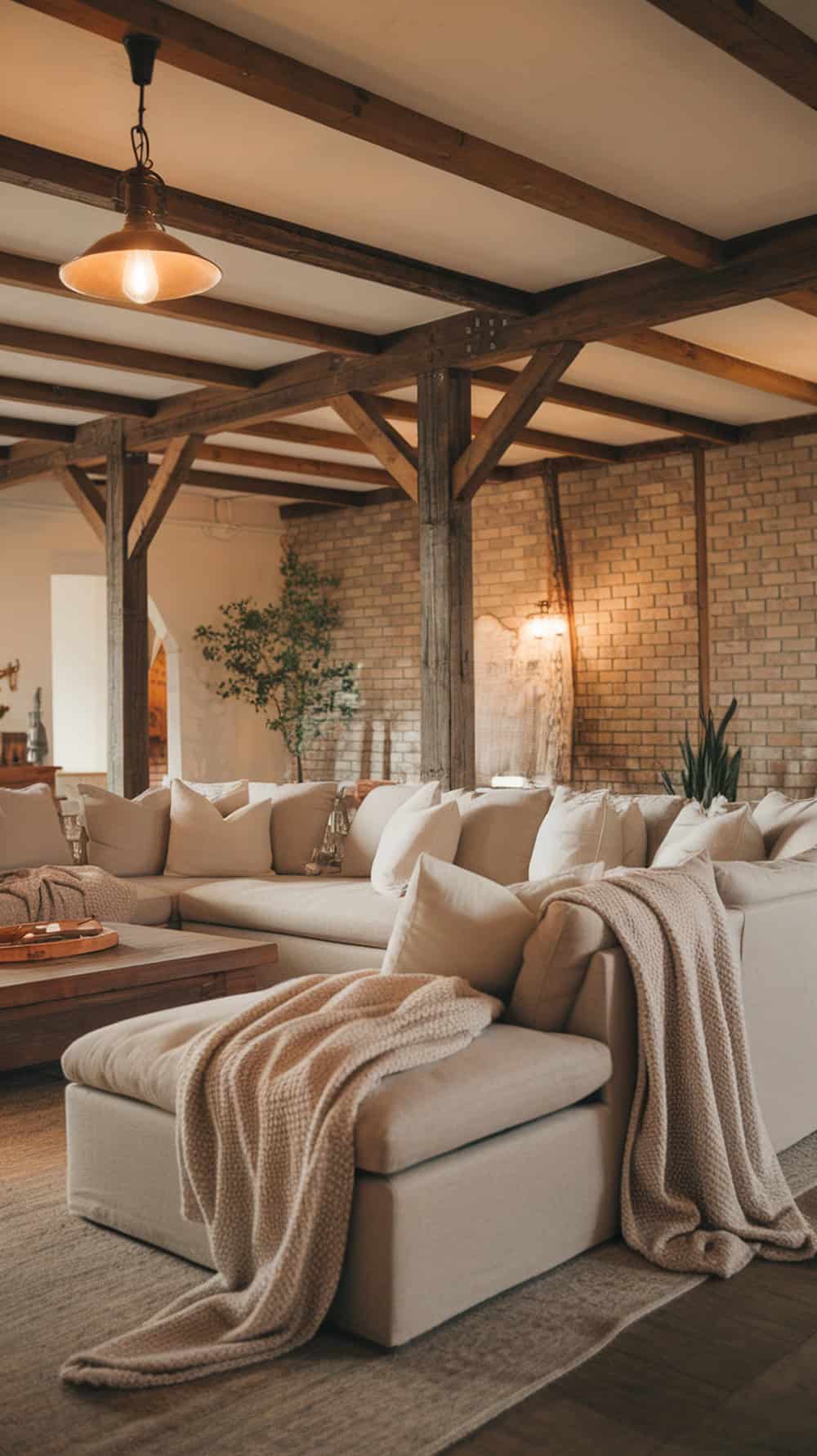 A cozy living room featuring a large neutral sectional sofa with throw blankets and pillows.
