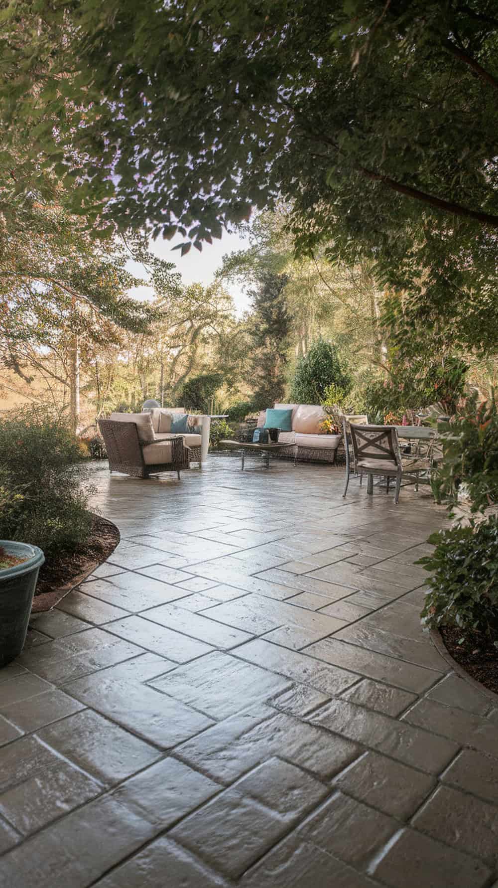 A large stamped concrete patio with a matte finish, surrounded by greenery and outdoor furniture.