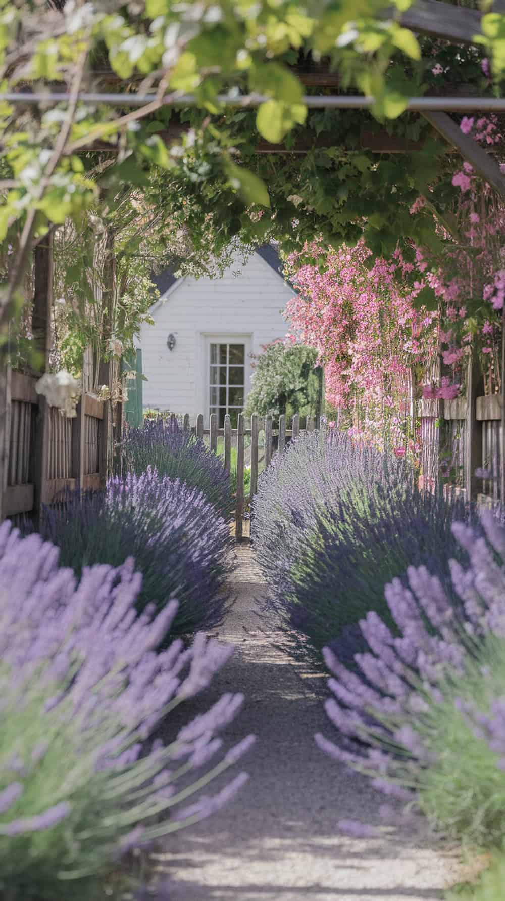 A picturesque walkway lined with blooming lavender bushes, leading to a charming cottage.