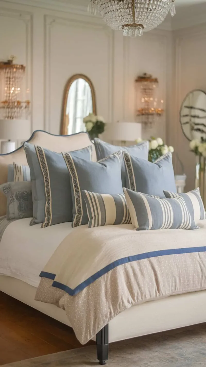 A beautifully arranged bed with layered blue and ivory throw pillows, showcasing different sizes and patterns.