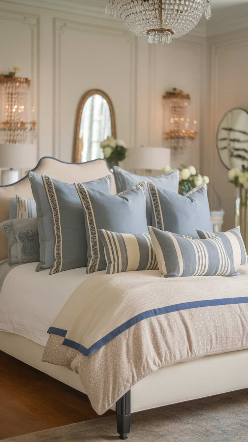 A beautifully arranged bed with layered blue and ivory throw pillows, showcasing different sizes and patterns.