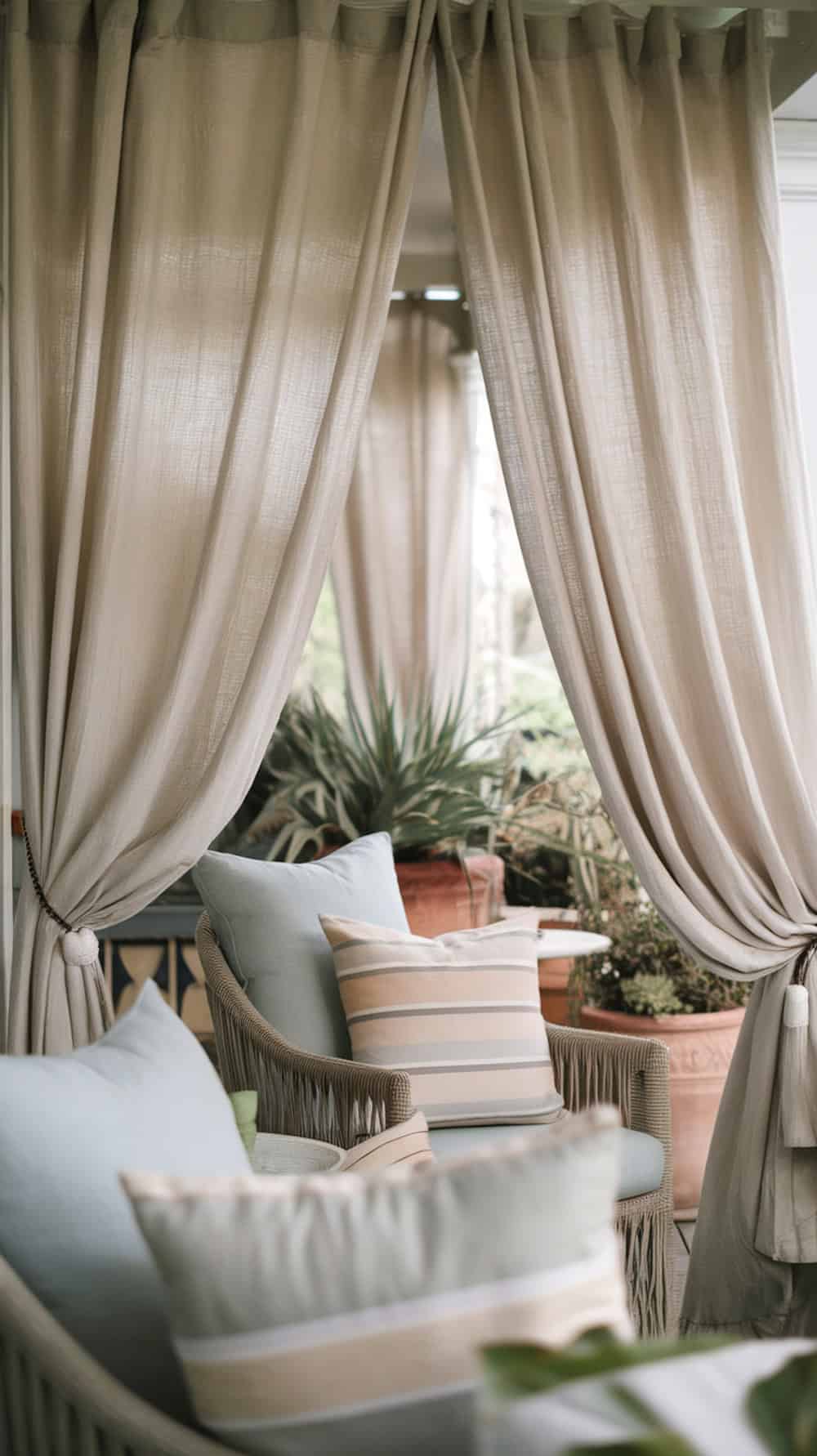 Layered curtains in a cozy porch setting with soft cushions.