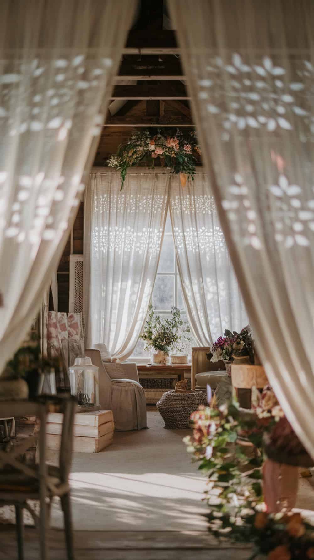A cozy interior with layered curtains featuring light patterns, creating a warm atmosphere.