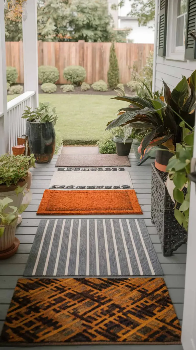 A narrow front porch with layered doormats in various colors and patterns, surrounded by plants.