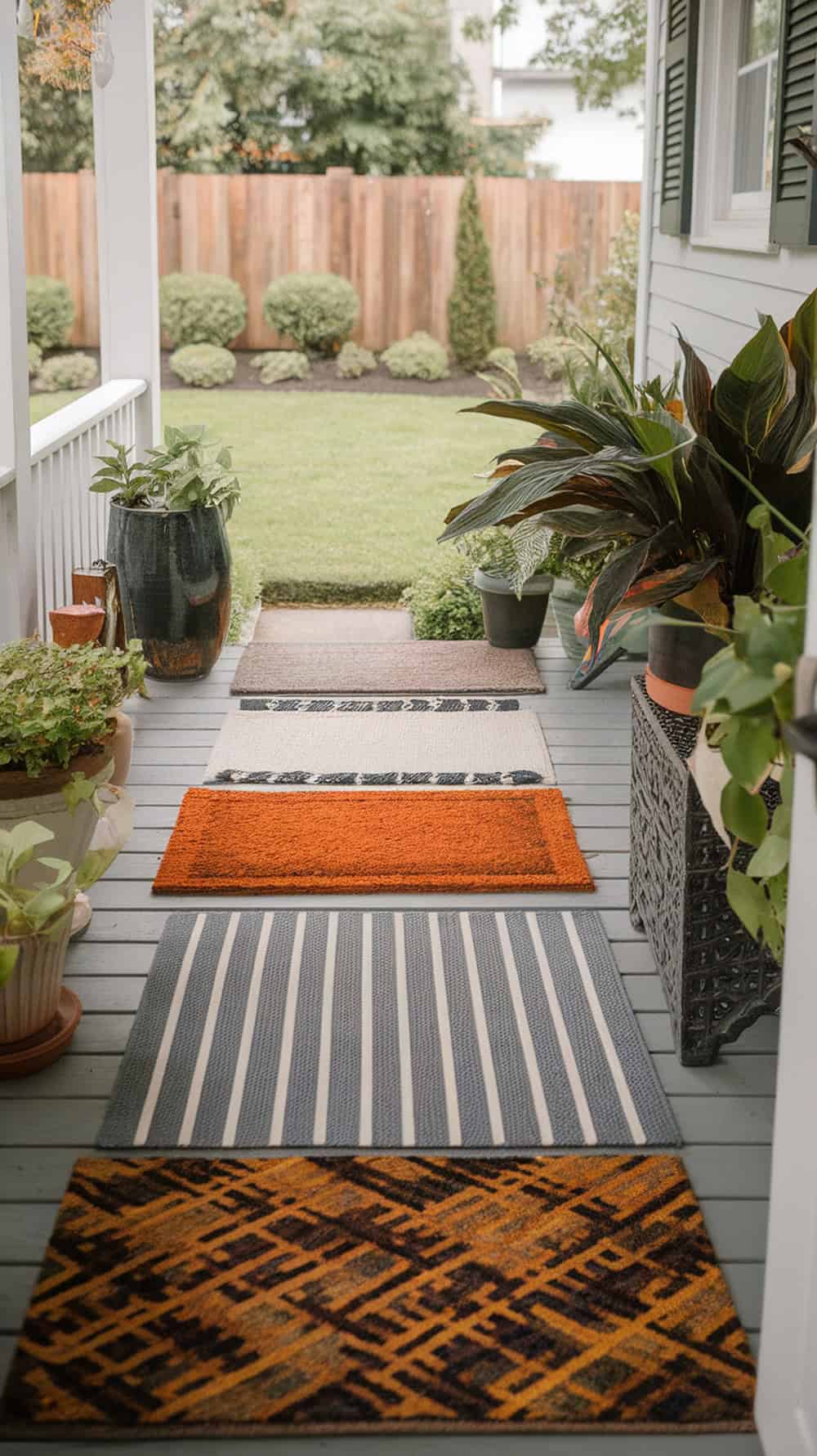 A narrow front porch with layered doormats in various colors and patterns, surrounded by plants.