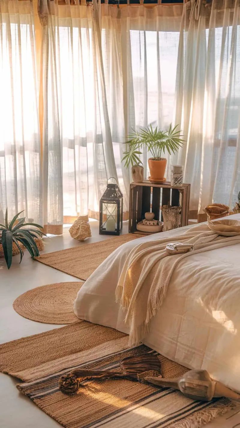 A cozy boho coastal bedroom with layered jute and cotton rugs under the bed, featuring light bedding and natural decor.