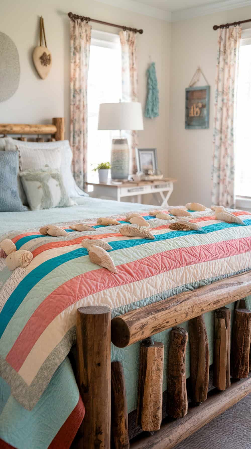 A cozy bedroom featuring a layered quilt with ocean-inspired colors, rustic wooden bed frame, and beach-themed decor.