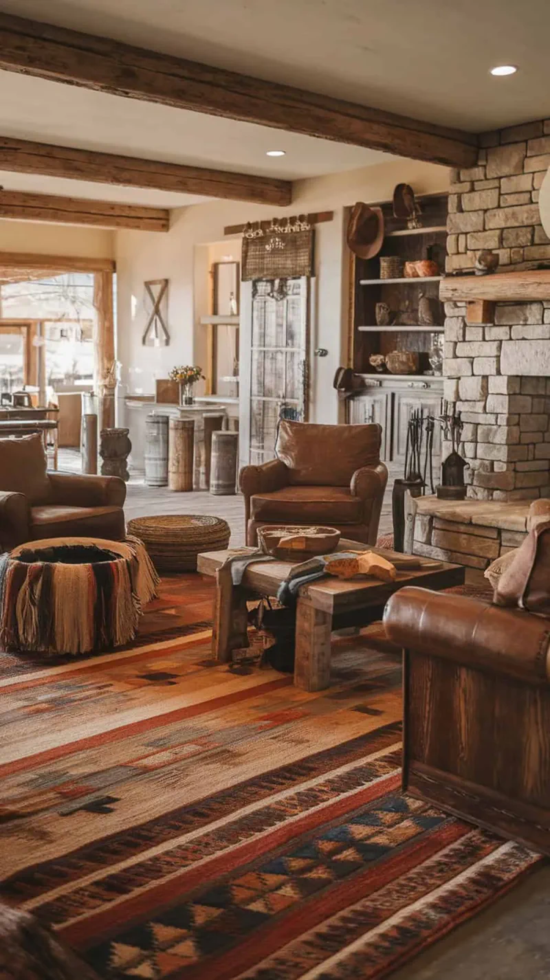 Cozy Western farmhouse living room with layered rugs and rustic furniture.