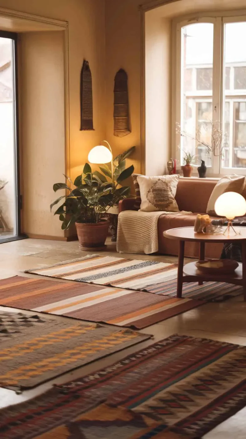 A cozy living room with layered rugs of different patterns and colors, a sofa, and plants.