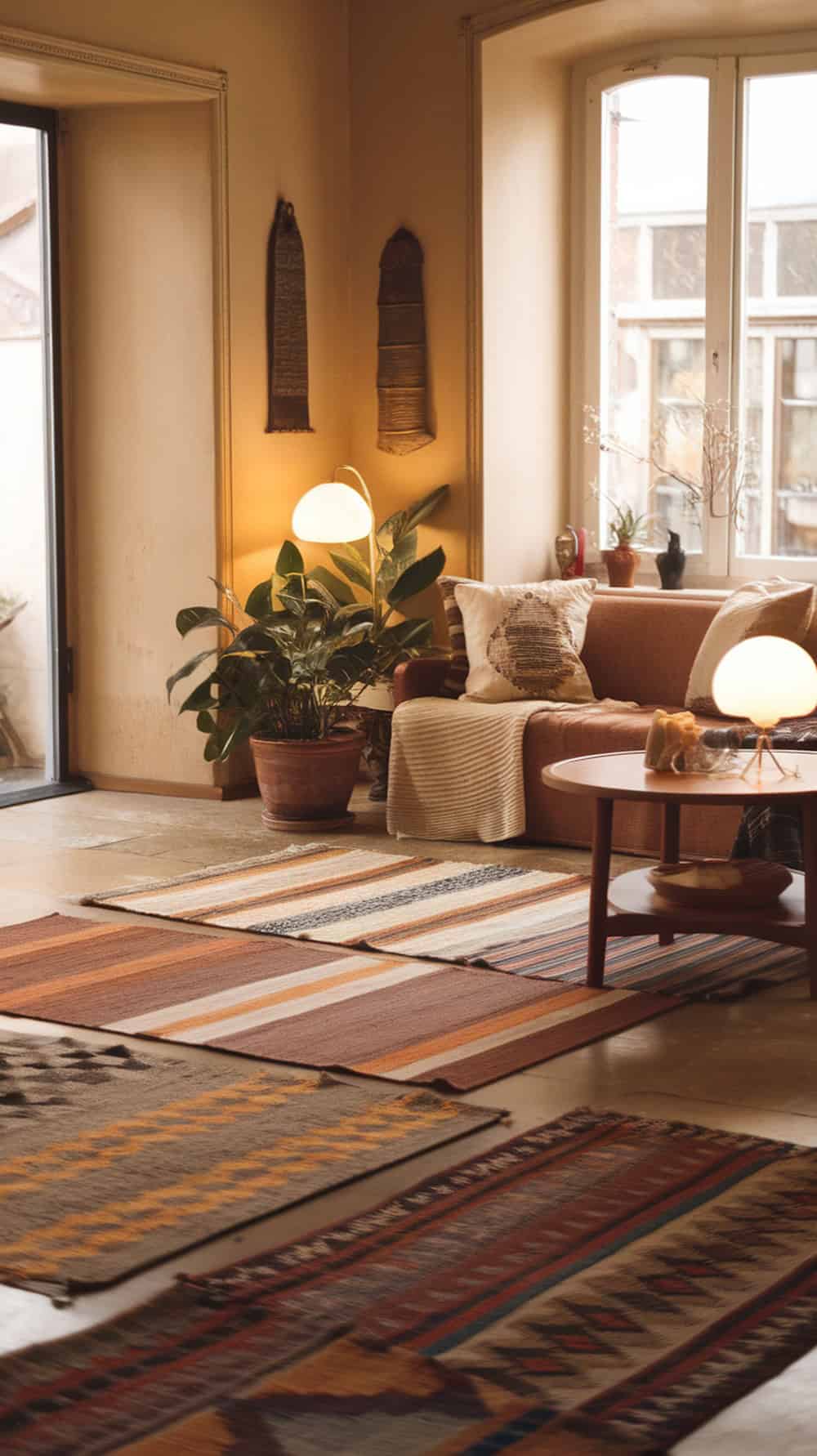 A cozy living room with layered rugs of different patterns and colors, a sofa, and plants.