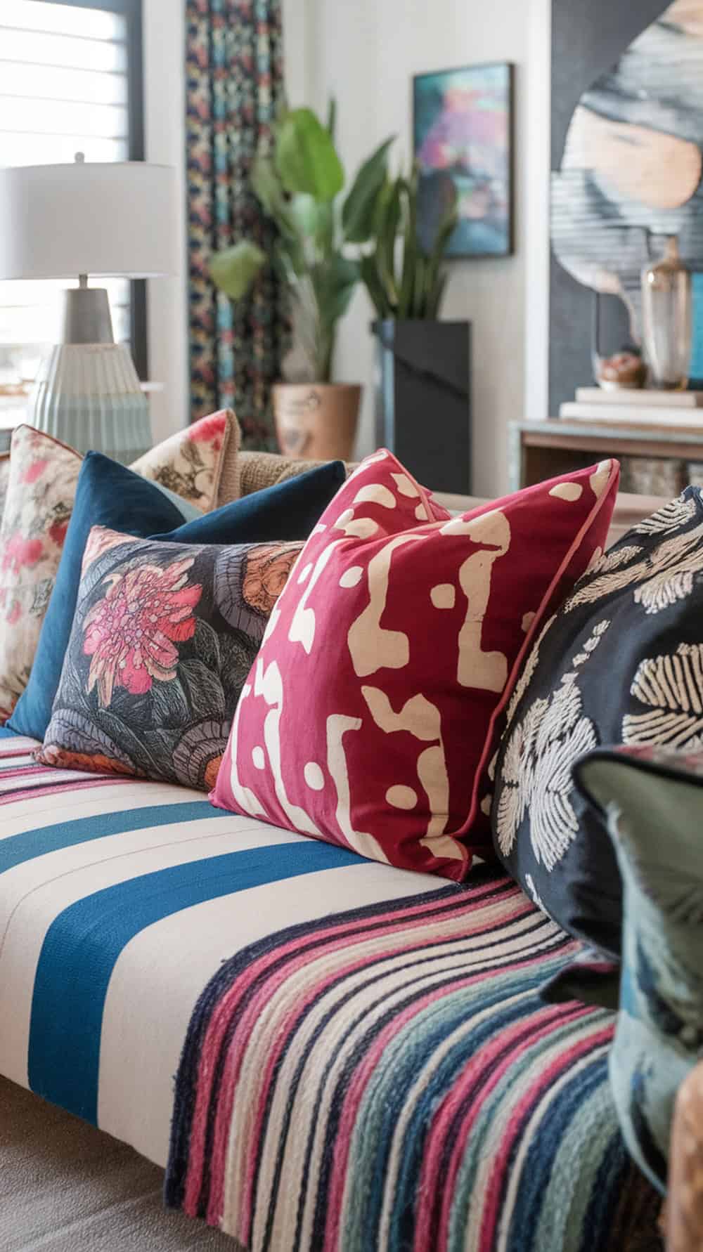 A cozy couch with layered textiles, featuring colorful pillows and a striped blanket.