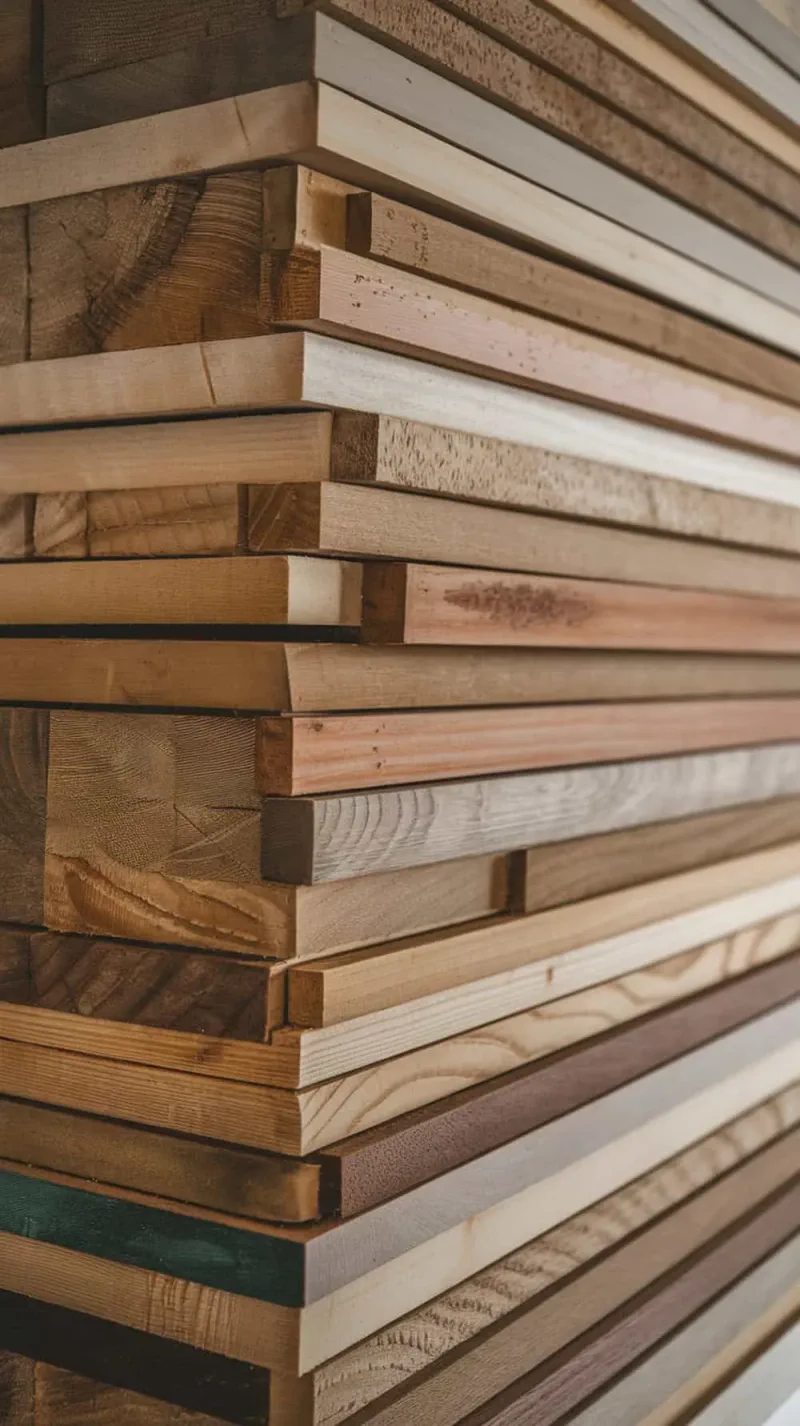 A close-up of layered wood slats with various textures and colors.