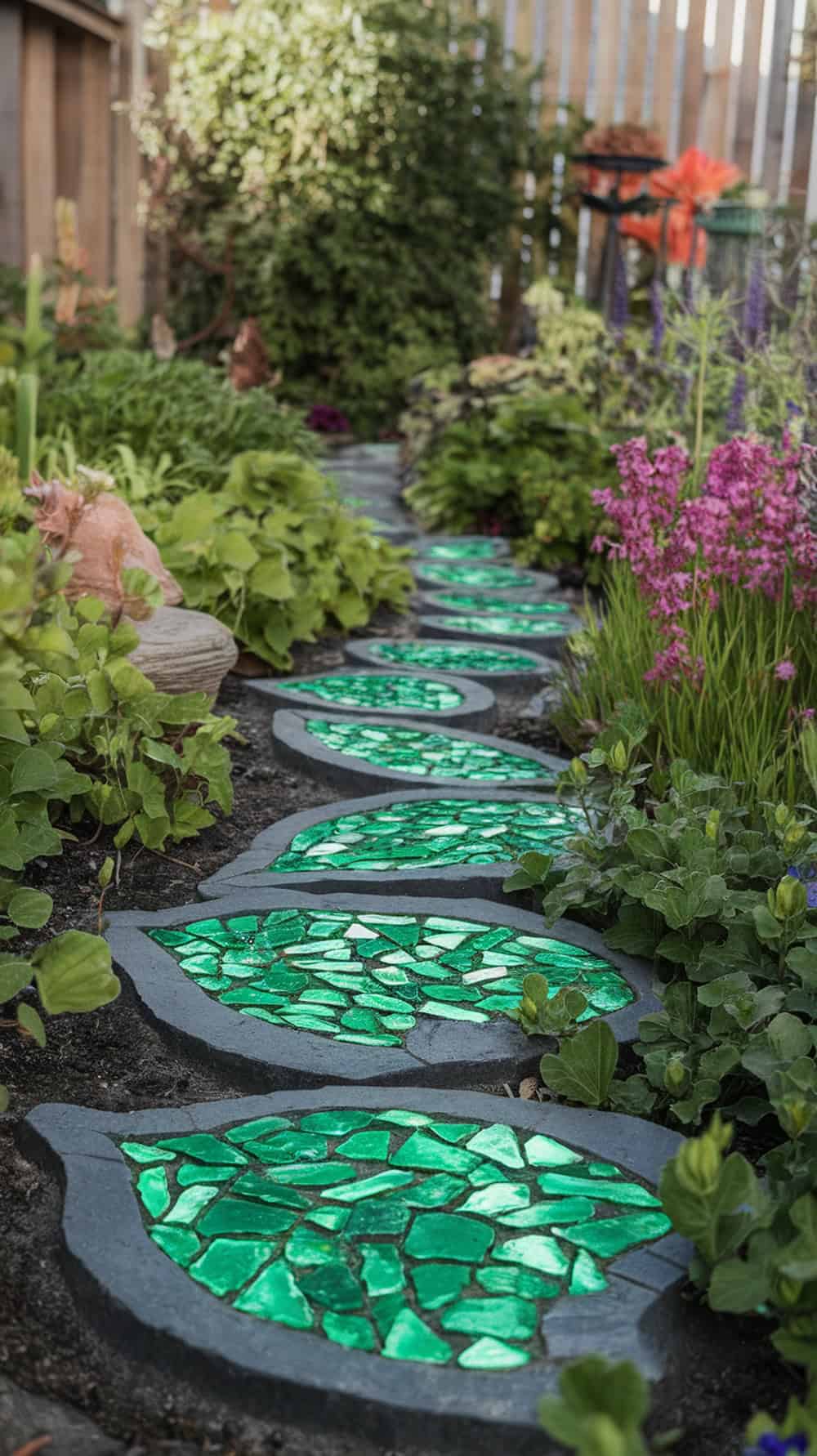 A garden pathway made of leaf-shaped stepping stones with green glass, surrounded by lush plants and flowers.