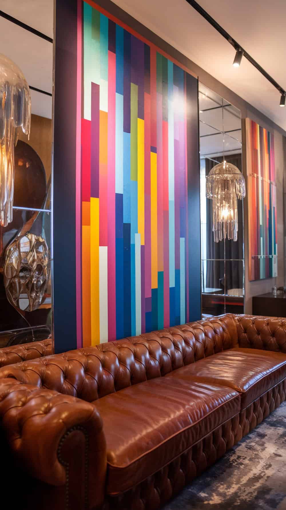 A leather couch in front of a colorful art wall
