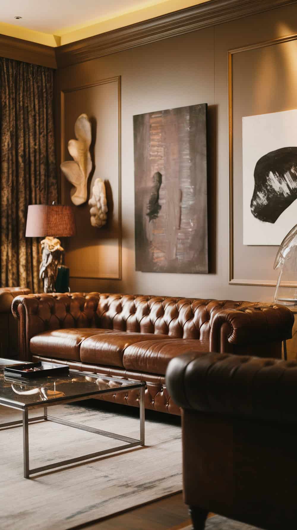 A cozy living room featuring a leather couch, glass coffee table, and an exposed brick wall.