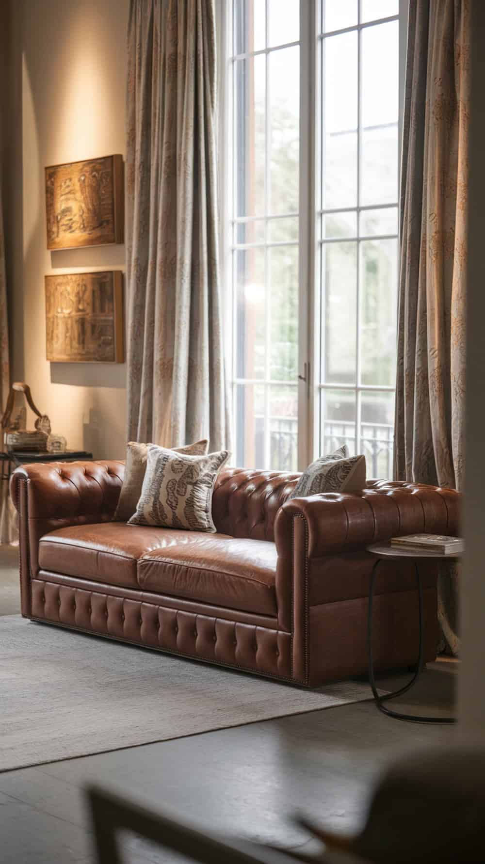 A stylish leather sofa framed by elegant floor-to-ceiling curtains in a cozy living room.