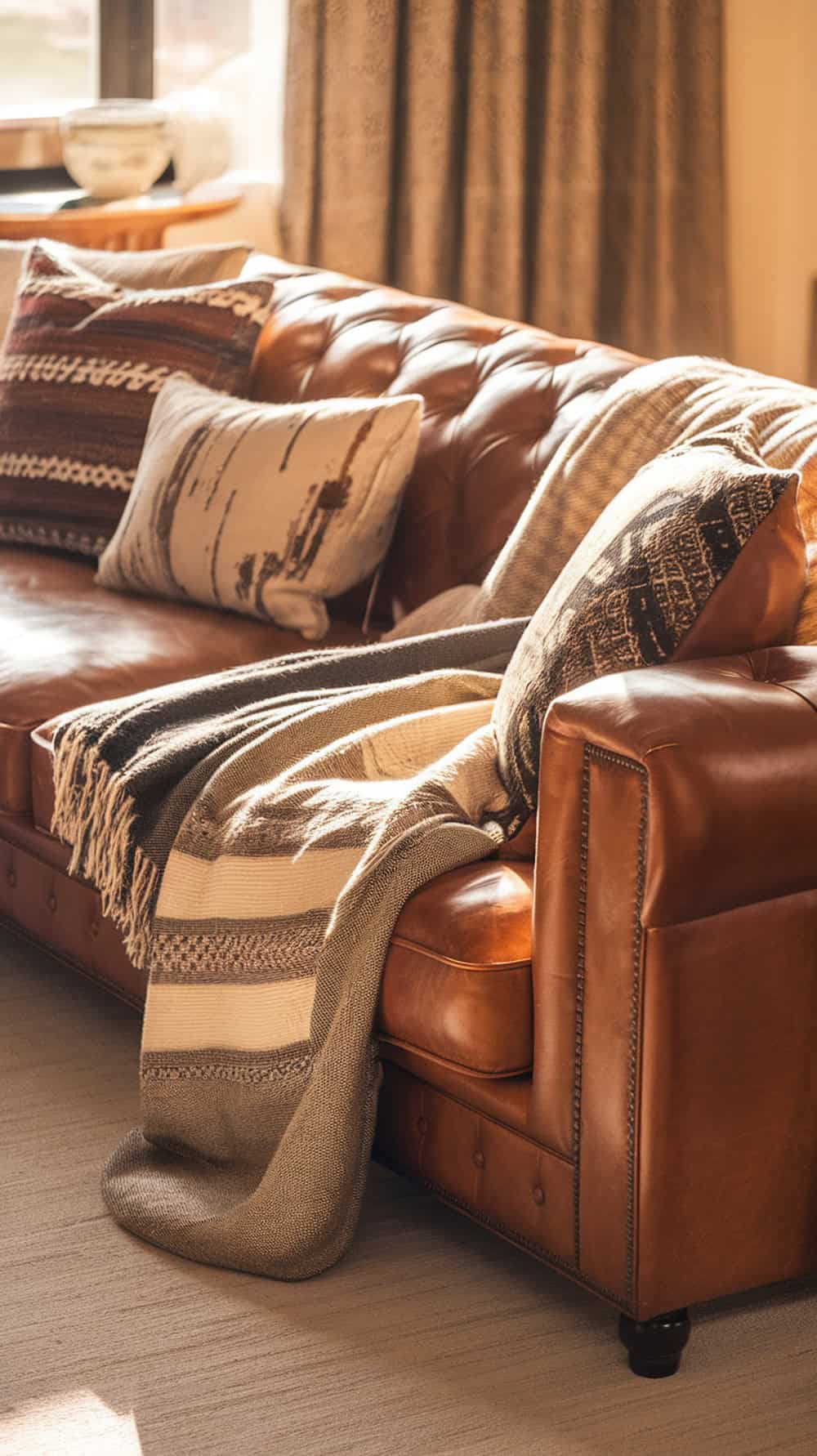 A cozy leather sofa with layered throw blankets and decorative pillows.