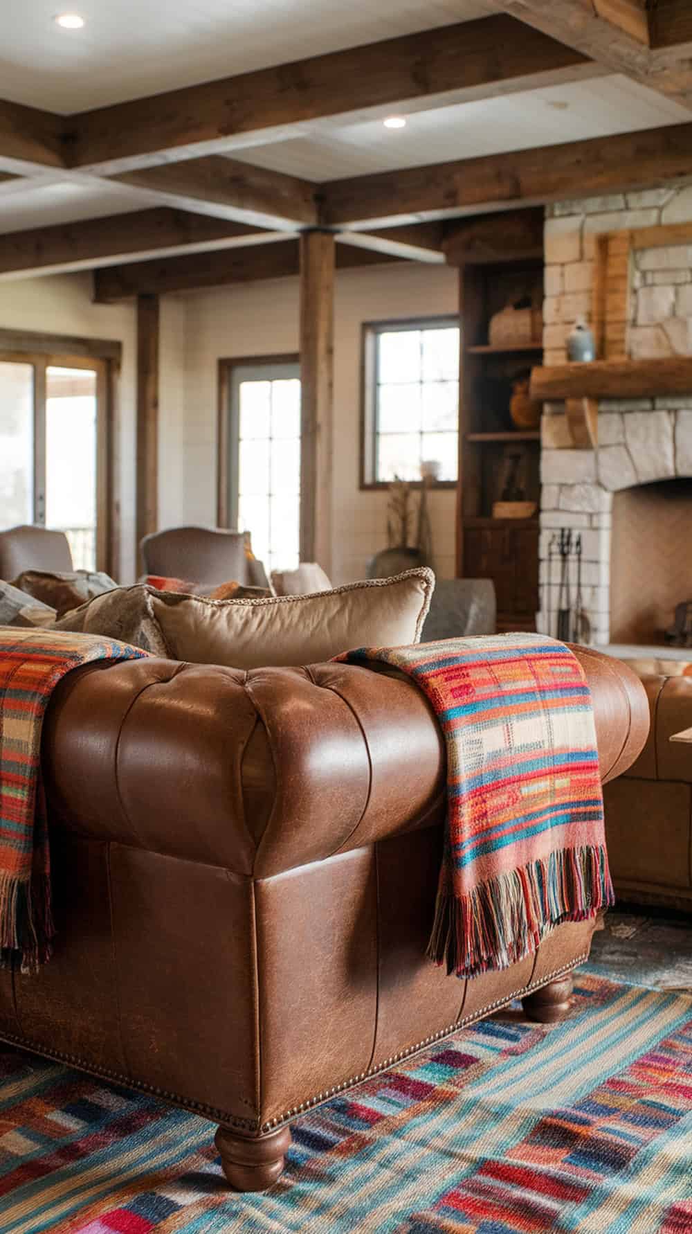 A cozy leather sofa with colorful woven throw blankets in a farmhouse living room.