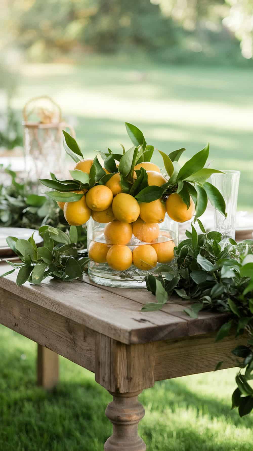 A clear vase filled with lemons and green leaves on a wooden table