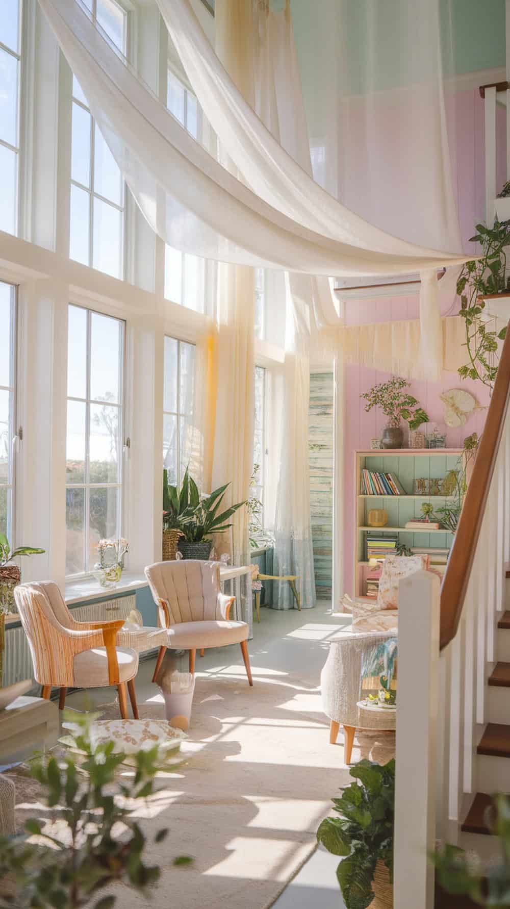 A bright living room with sheer curtains, plants, and cozy seating.