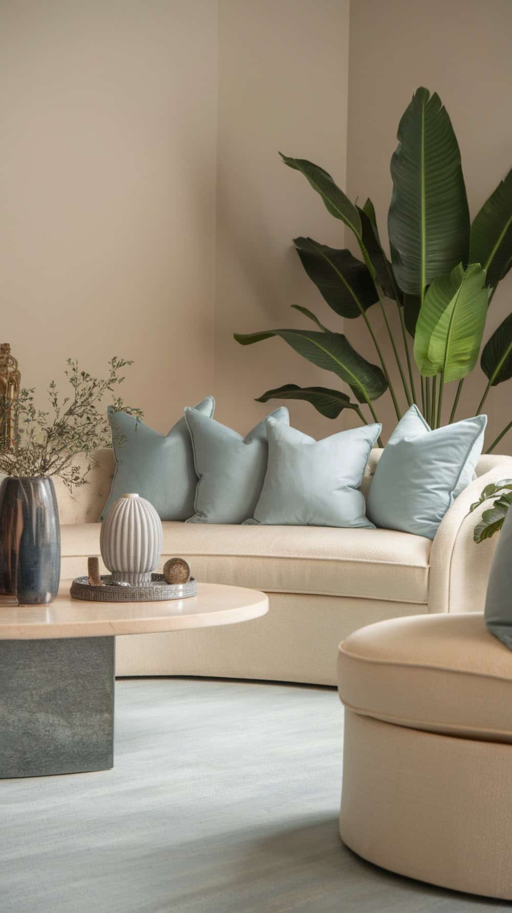A cream couch with light blue pillows and a round coffee table in a cozy living room.