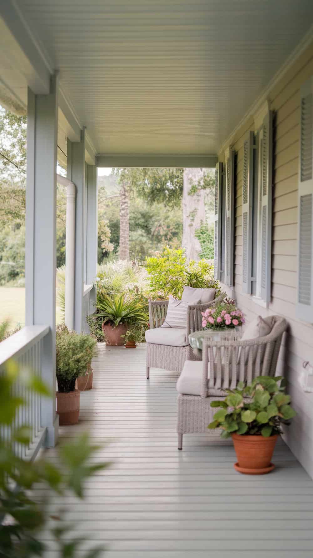 A porch with light gray ceiling boards, cozy furniture, and green plants.