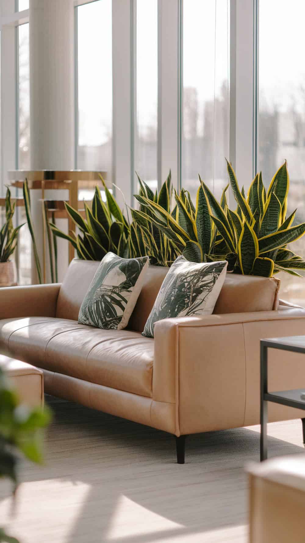 A light leather couch with leafy pillows and green plants in a bright living room.