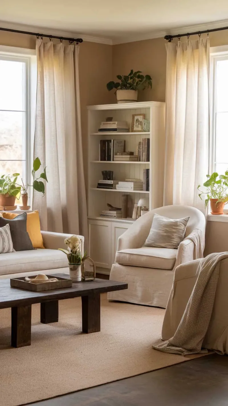 A cozy living room with light linen curtains, a bookshelf, and comfortable seating.
