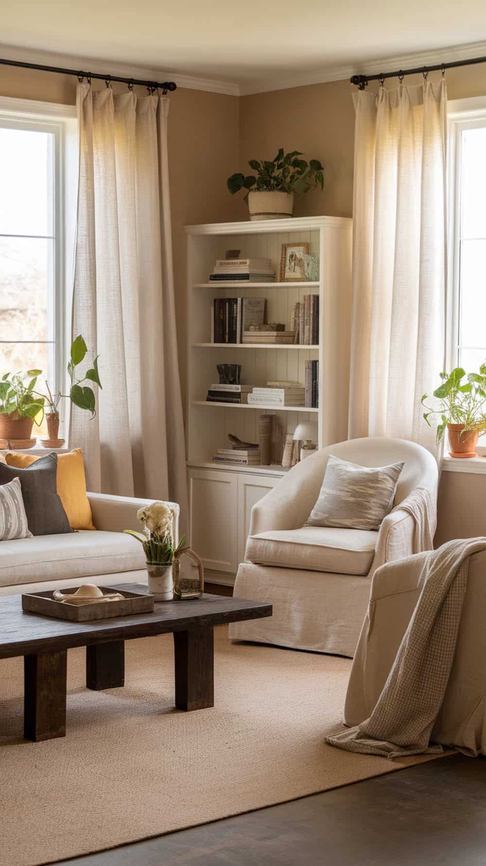 A cozy living room with light linen curtains, a bookshelf, and comfortable seating.