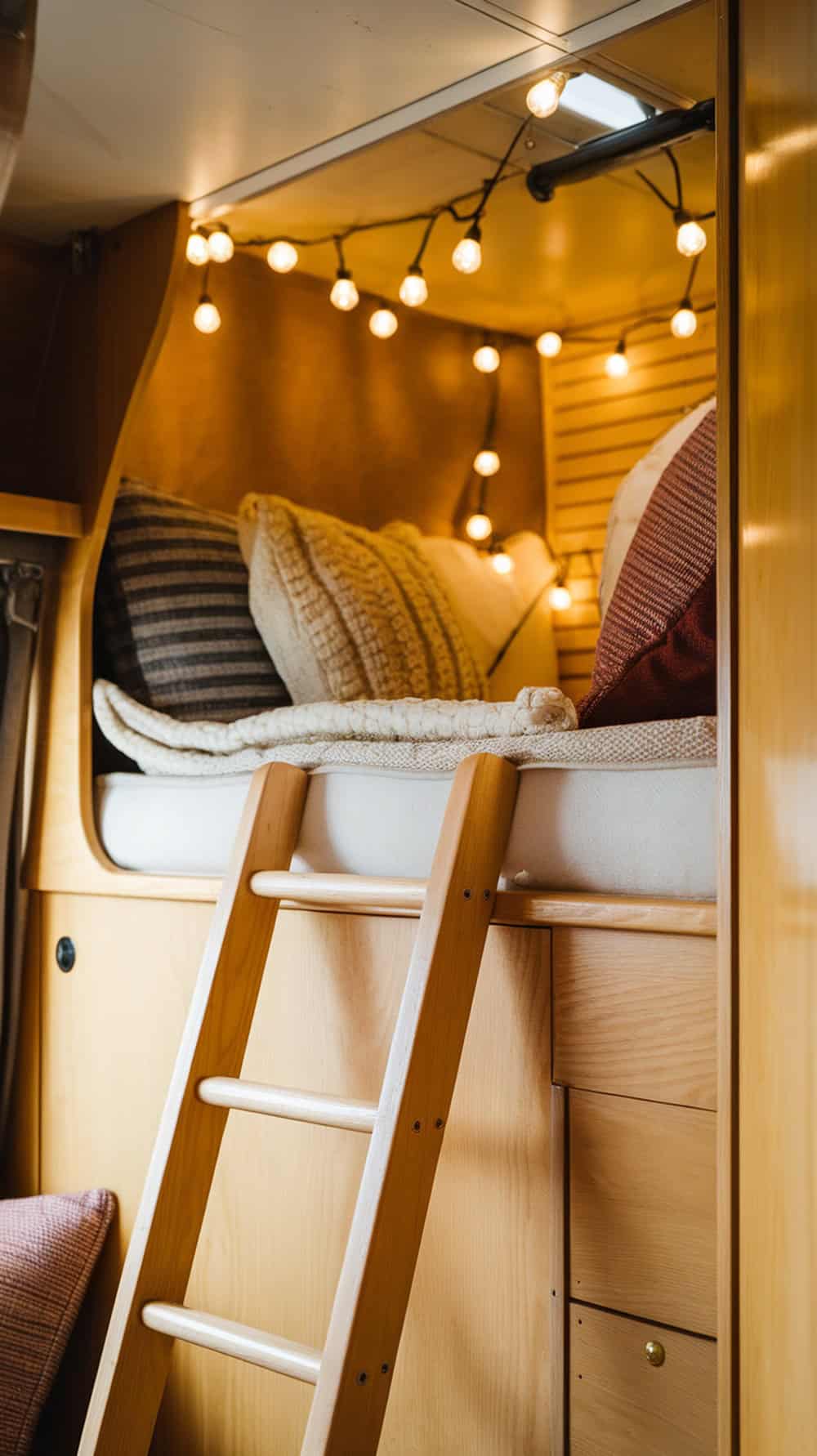 Cozy camper bunk nook with a light wood ladder and soft pillows.