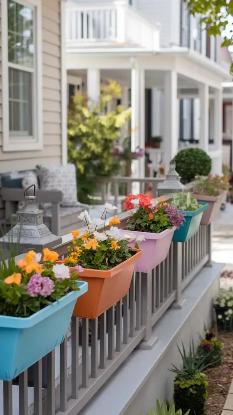 Colorful lightweight planters with seasonal flowers on a narrow front porch railing.