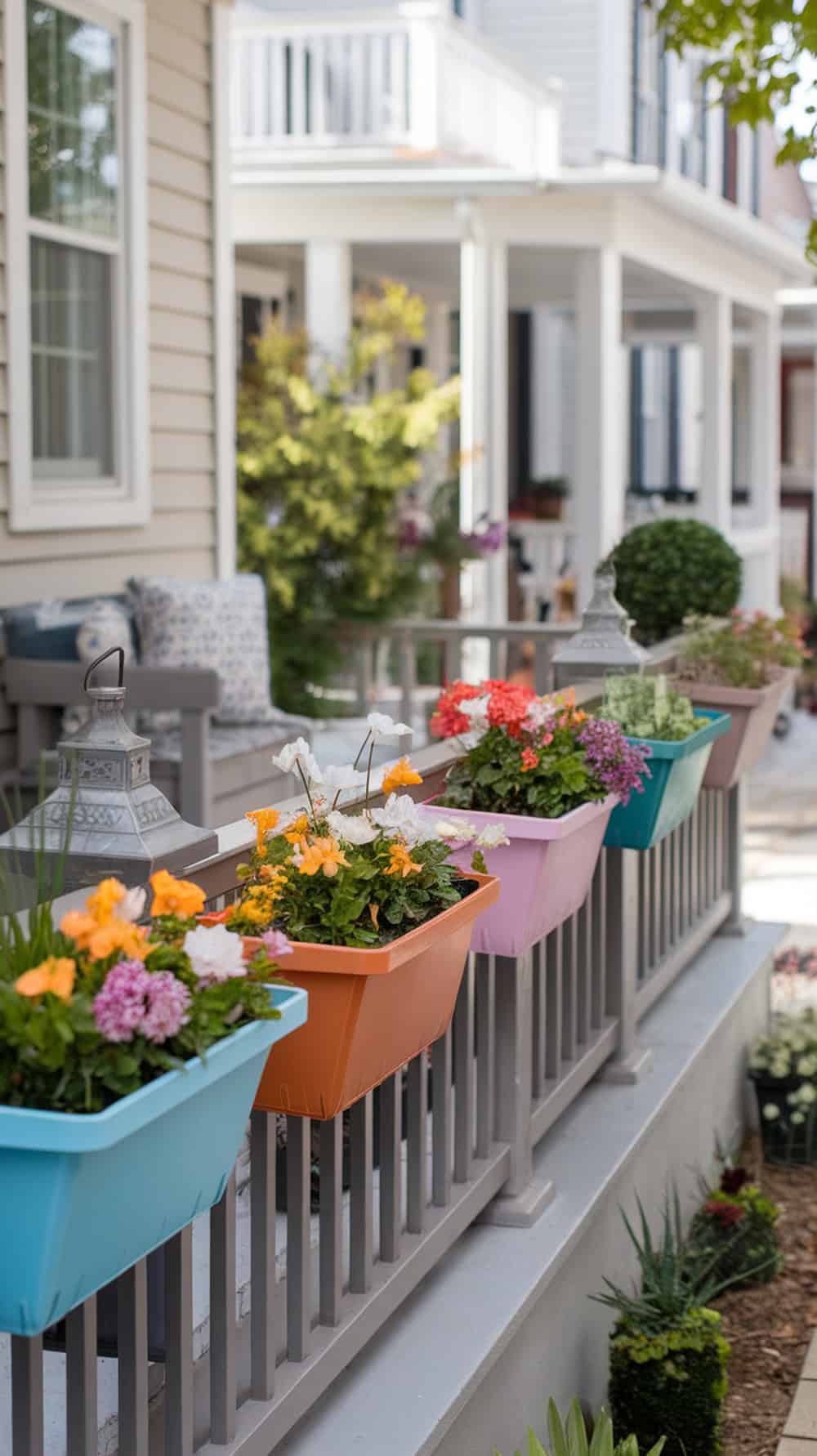 Colorful lightweight planters with seasonal flowers on a narrow front porch railing.